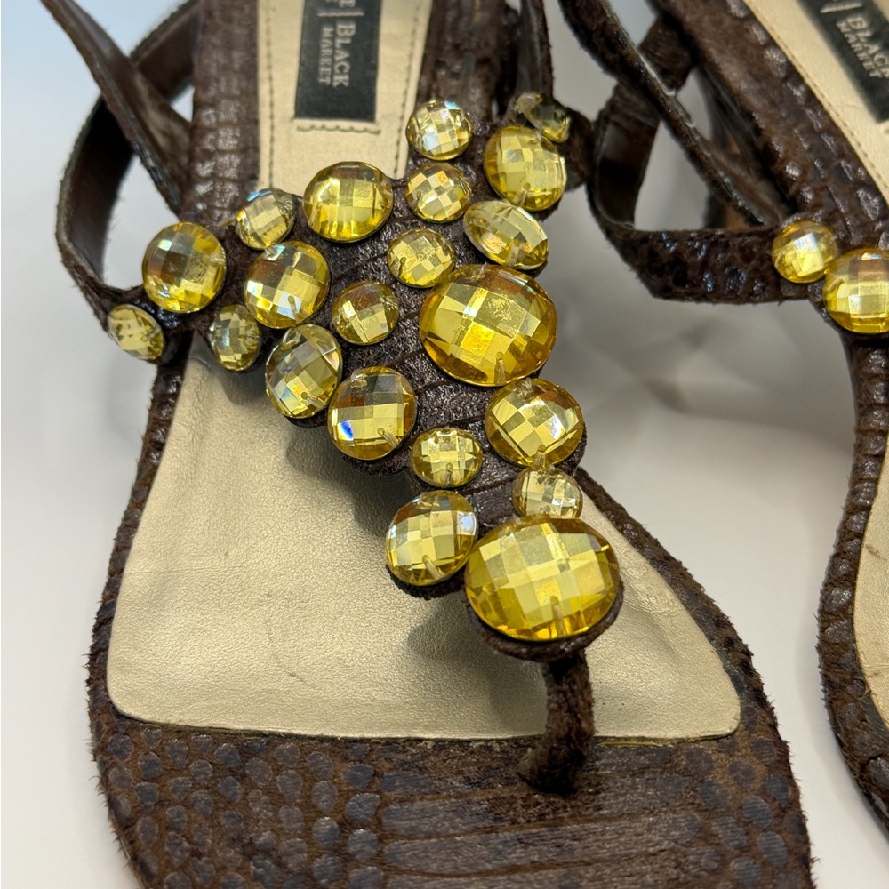 White House Black Market Brown Leather Sandals with Yellow Gem Accents